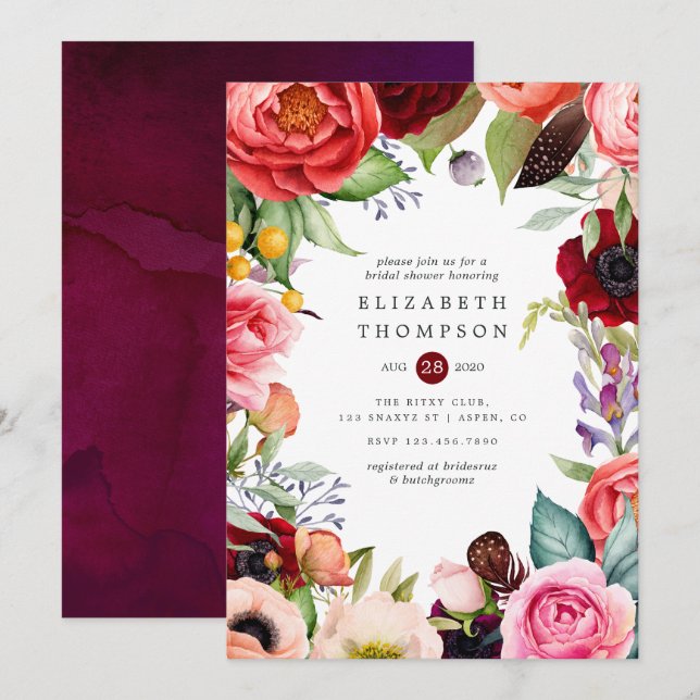 Watercolor Boho Floral Bridal Shower Invitation (Front/Back)