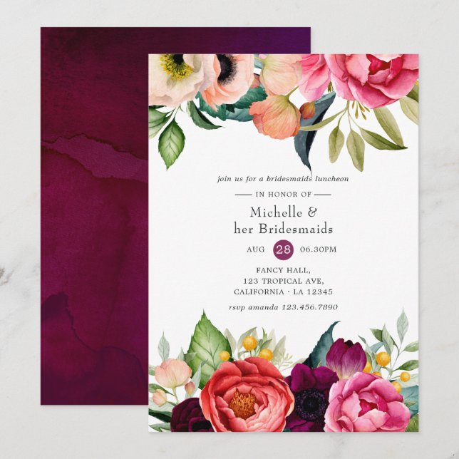 Watercolor Boho Floral Bridesmaids Luncheon Invitation (Front/Back)