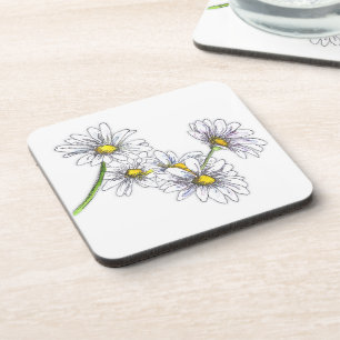 Watercolor Boho Floral Daisy White Christmas Gift Beverage Coaster