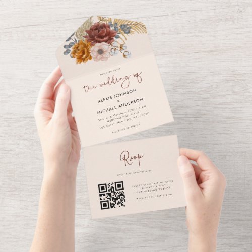 Watercolor Boho Floral Dried Pampas Grass QR Code All In One Invitation