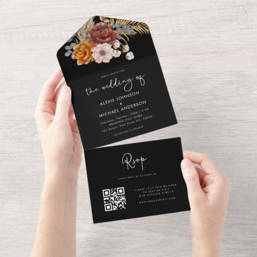 Watercolor Boho Floral Dried Pampas Grass QR Code  All In One Invitation