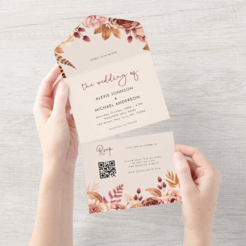Watercolor Boho Floral Fall Autumn QR Code Website All In One Invitation