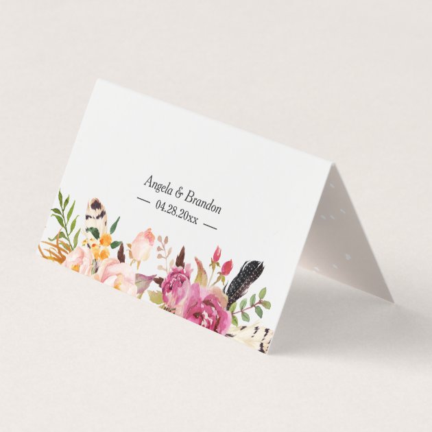 Watercolor Boho Floral Feather Wedding Table Place Card