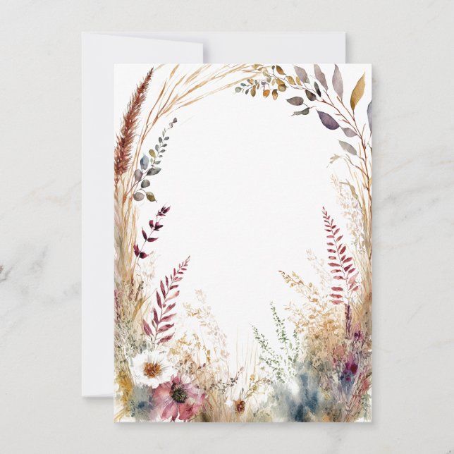 Watercolor boho floral frame blank wedding invitation (Front)