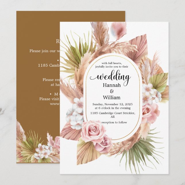 Watercolor Boho Floral Frame Wedding Invitation (Front/Back)