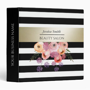 Watercolor boho floral gold black white stripes 3 ring binder