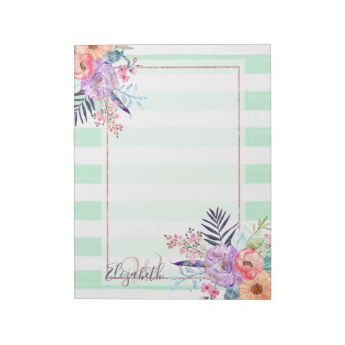 Watercolor Boho floral leaves stripes hand paint Notepad