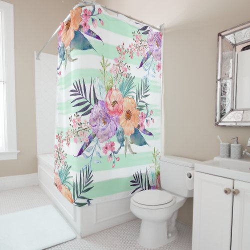 Watercolor Boho floral leaves stripes hand paint Shower Curtain