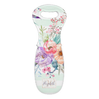Watercolor Boho floral, leaves, stripes hand paint Wine Bag
