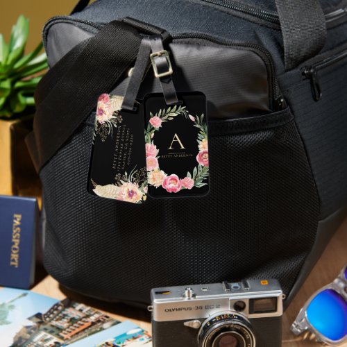 Watercolor Boho Floral on Black  Chic Monogram Luggage Tag
