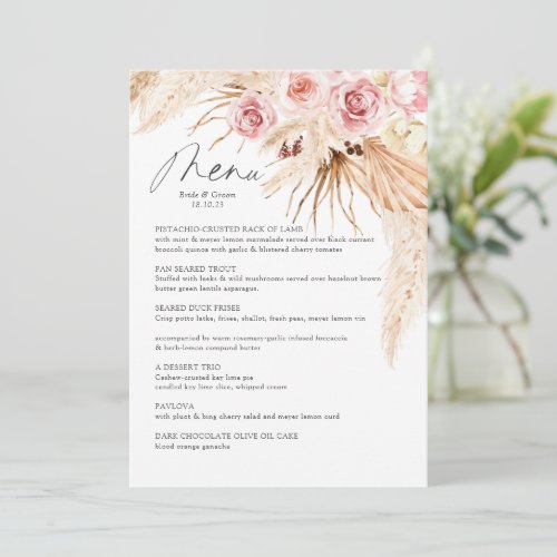 Watercolor Boho Floral Pampas Gras Wedding  Menu