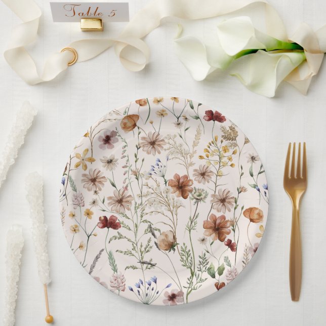 Watercolor Boho Floral Pattern Paper Plates (Wedding)