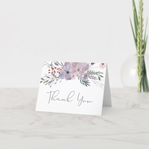 Watercolor Boho Floral Purple Lilac Script Thank You Card