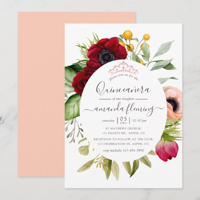 Watercolor Boho Floral Quinceañera Invitation (Front/Back)