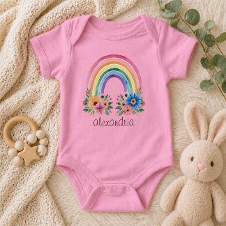 Watercolor Boho Floral Rainbow  Baby Bodysuit