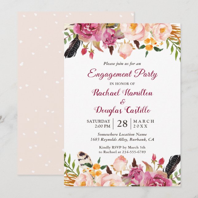 Watercolor Boho Floral Spring Engagement Party Invitation (Front/Back)