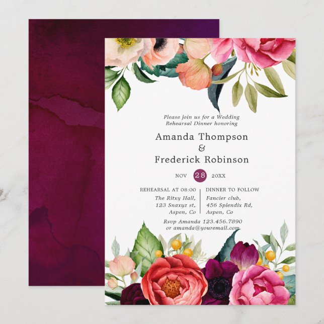Watercolor Boho Floral Spring Rehearsal Dinner Invitation (Front/Back)