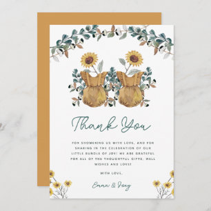 Watercolor Boho Floral Twins Baby Shower Thank You Card