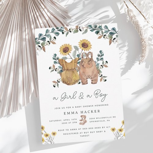 Watercolor Boho Floral Twins Shower Invitation