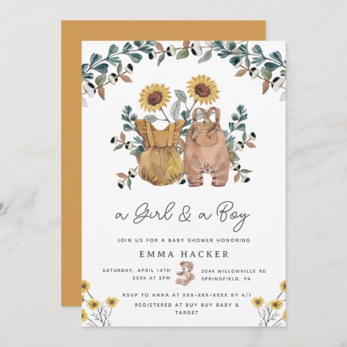 Watercolor Boho Floral Twins Shower Invitation