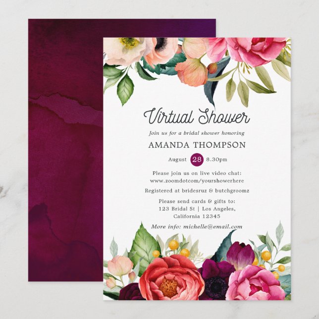 Watercolor Boho Floral Virtual Bridal Shower Invitation (Front/Back)