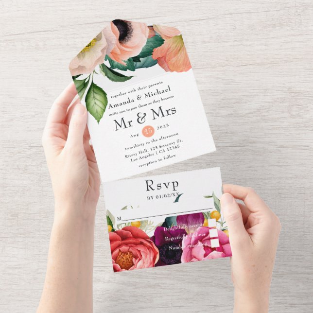 Watercolor Boho Floral Wedding All In One Invitation (Tearaway)