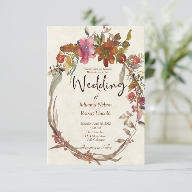 Watercolor Boho floral wedding Invitation (Standing Front)
