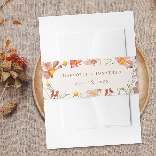 Watercolor Boho Floral wedding  Invitation Belly Band (Boho fall wildflower rustic personalized belly band watercolor florals elegant script burnt orange)