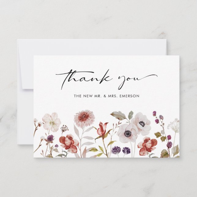 Watercolor Boho Floral Wedding Thank You Card (Front)