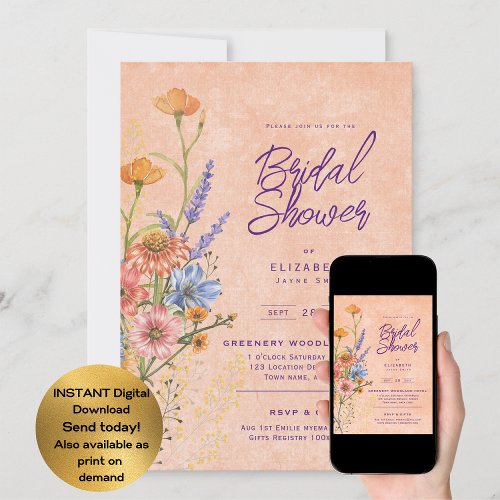 Watercolor Boho Floral Wildflowers Bridal Shower Invitation
