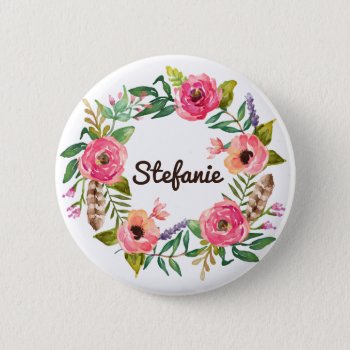 Watercolor Boho Floral Wreath Personalized Button by KeikoPrints at Zazzle