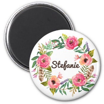 Watercolor Boho Floral Wreath Personalized Magnet by KeikoPrints at Zazzle