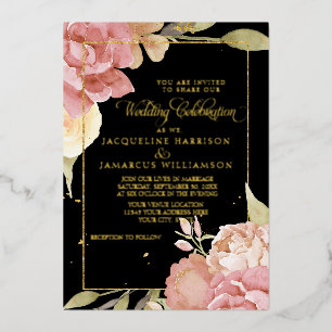 Watercolor Boho Flowers Black n Pink Wedding Gold Foil Invitation