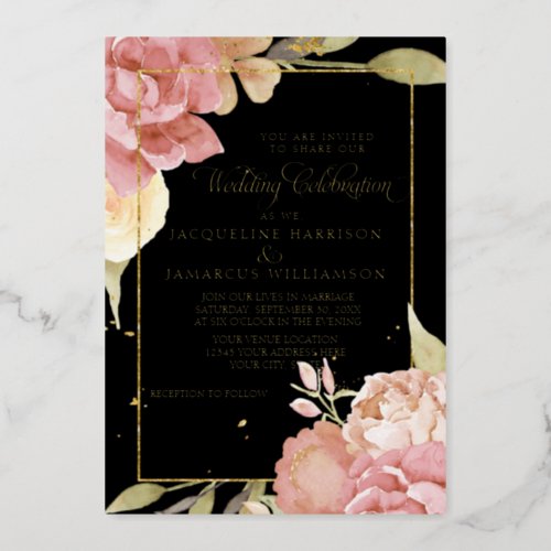 Watercolor Boho Flowers Black n Pink Wedding Gold Foil Invitation
