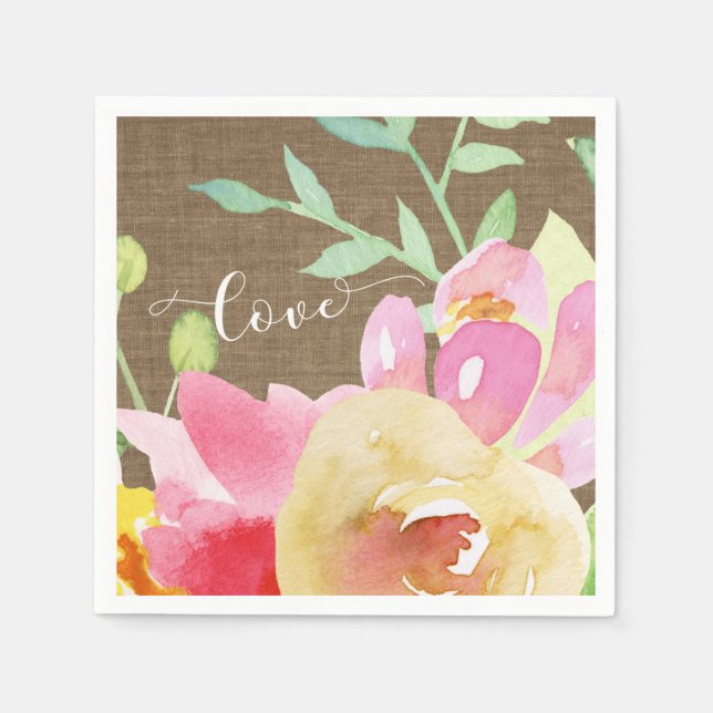 Watercolor Boho Flowers & Burlap Love Typography Napkins (Front)