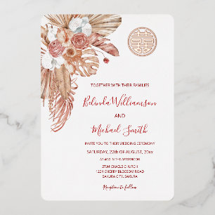 Watercolor Boho Flowers Chinese Wedding Foil Invitation