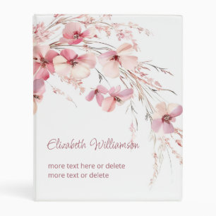Watercolor Boho Flowers Pink White Custom Mini Binder