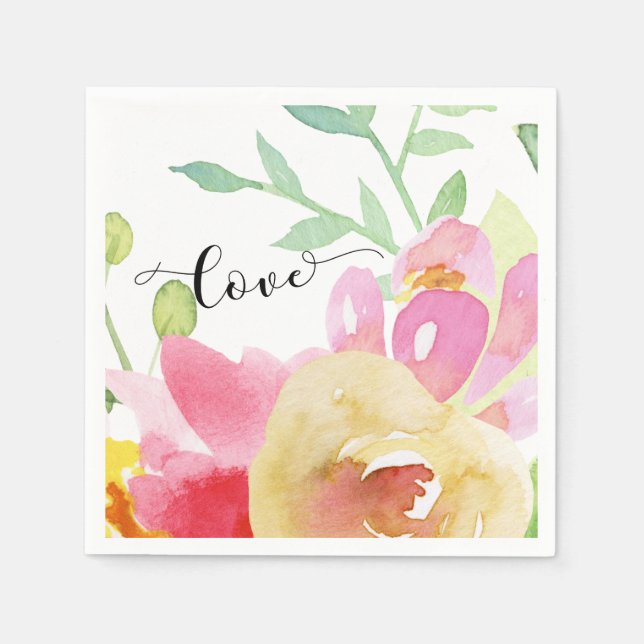 Watercolor Boho Flowers & Script Typography Love Napkins (Front)