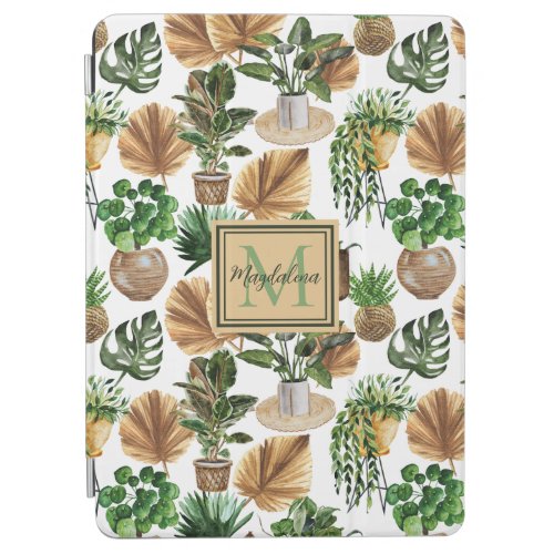 Watercolor Boho Green Indoor House Plants Monogram iPad Air Cover