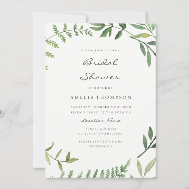 Watercolor Boho Green Leaf Bridal Shower Card (Front)