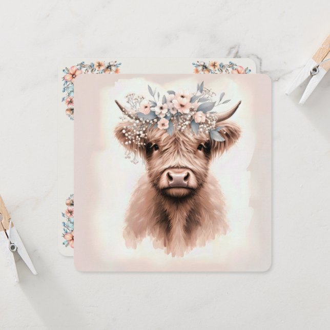 Watercolor Boho Highland Cow With Bridal Flowers Invitation (Front/Back In Situ)