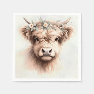 Watercolor Boho Highland Cow With Bridal Headpiece Napkins