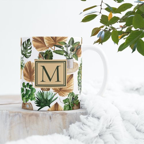 Watercolor Boho Indoor House Plants Monogram Coffee Mug