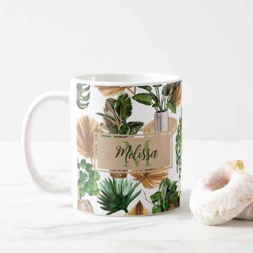 Watercolor Boho Indoor House Plants Monogram Name Coffee Mug
