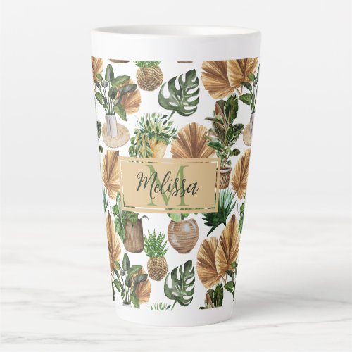 Watercolor Boho Indoor House Plants Monogram Name  Latte Mug