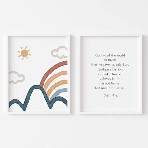 watercolor boho John 3:16 mountains poster Wall Art Sets
