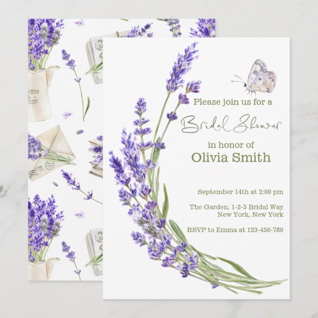 Watercolor Boho Lavender Bridal Shower Invitation (Front/Back)