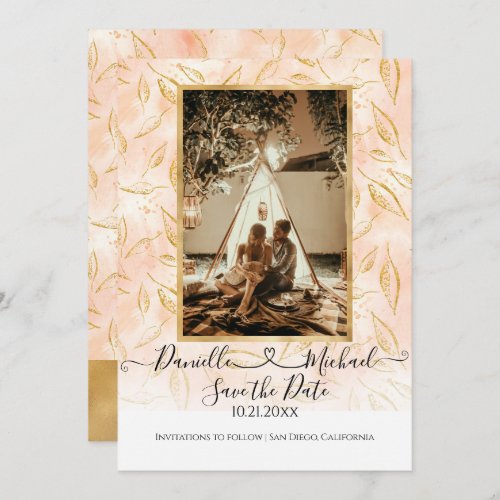 Watercolor BOHO Leaf Foliage Pink Gold Glitter Save The Date