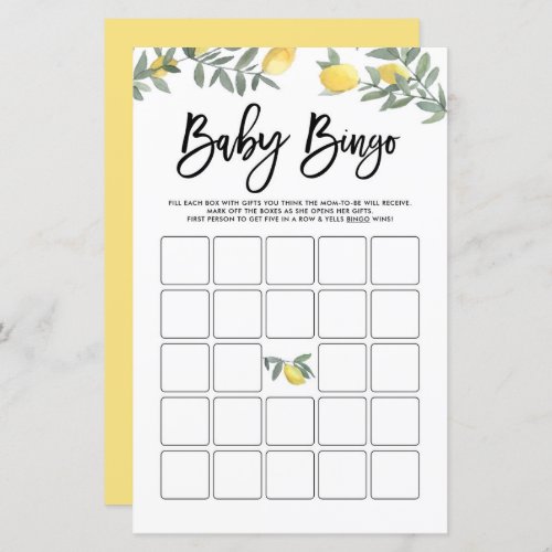 Watercolor Boho Lemons Baby Shower Bingo Game