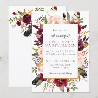 Watercolor Boho Marsala Red Burgundy Roses Frame | Invitation